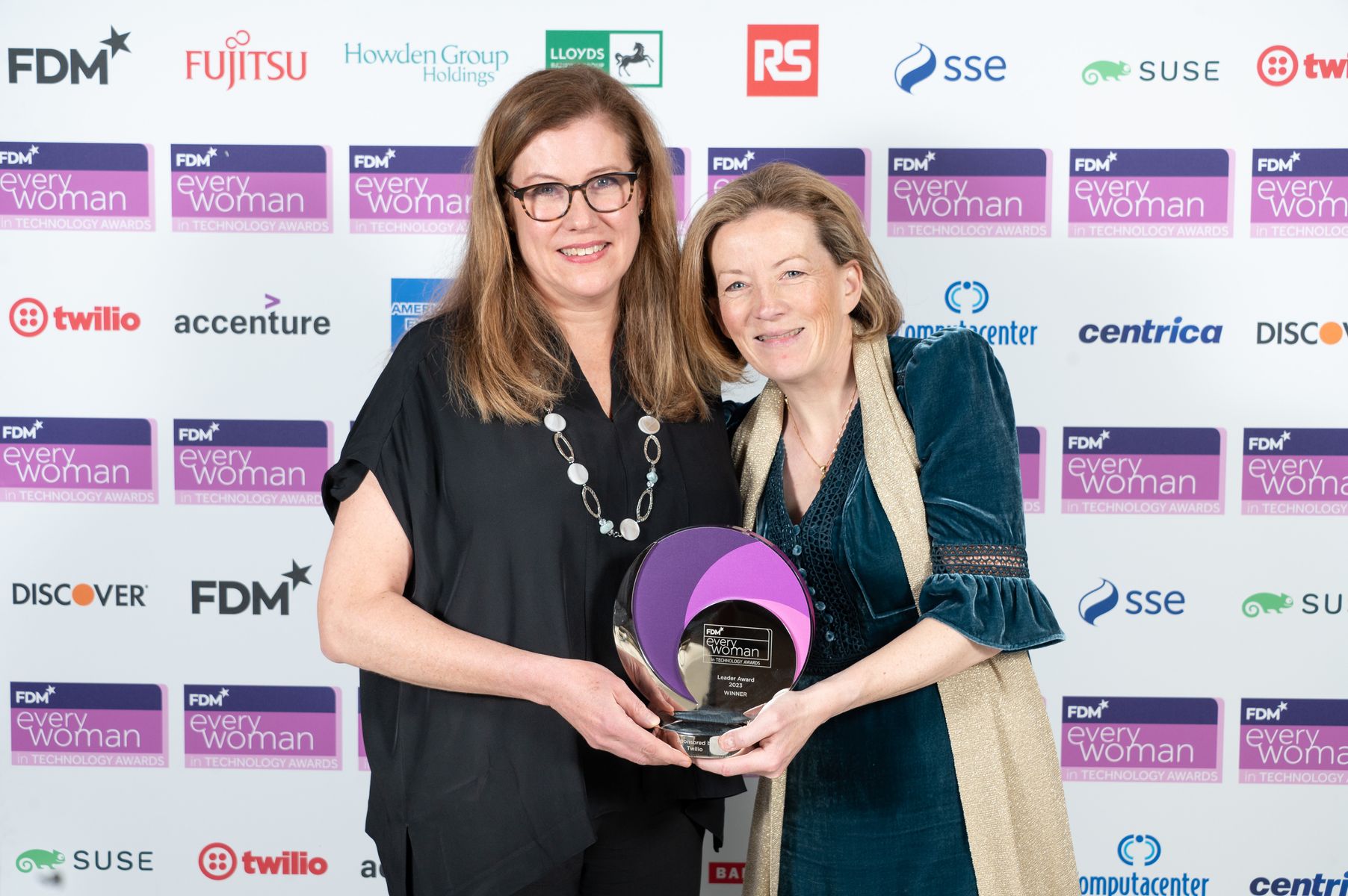 Stacey McGowan, EMEA Field Marketing Director at Twilio and Lindsey Bateman, Chief Information Security Officer at M&G plc - winner of the 'Leader Award' (sponsored by Twilio) at the 2023 FDM everywoman in Technology Awards
