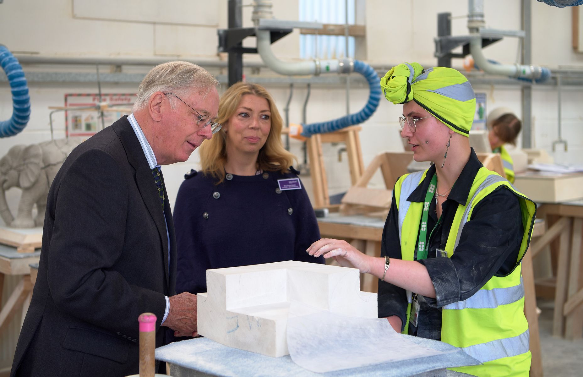 HRH The Duke of Gloucester meets staff and students in the Stonemasonry department at Moulton College