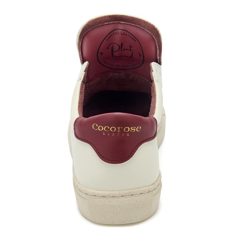 Back view of the new plant-powered Kew trainer from Cocorose London, in white with Bordeaux heel tab,