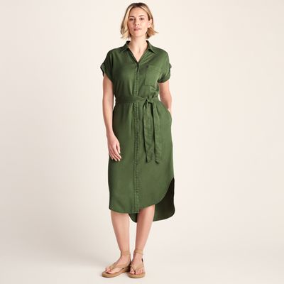 Lenira Womens Relaxed Fit Luxurious Tencel Lyocell Shirt Dress - Dark Matcha