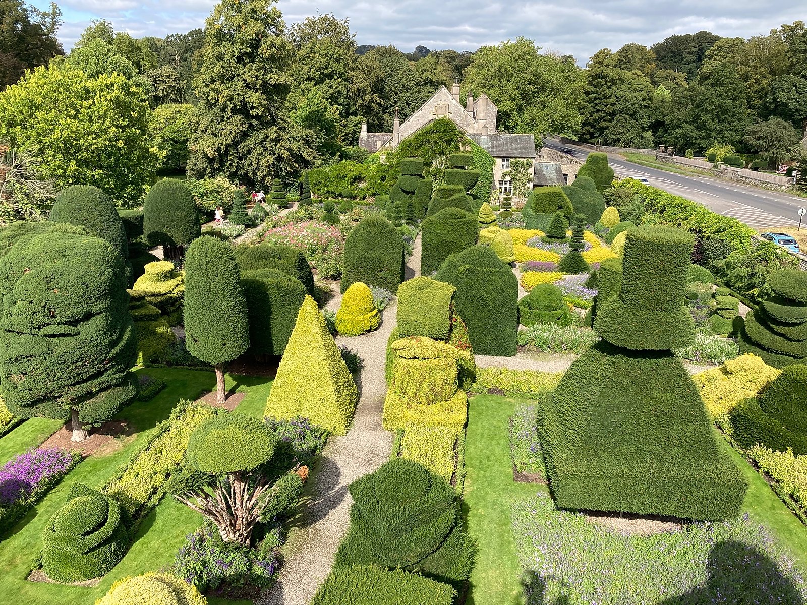 Head gardener's view when trimming trees in the world's oldest topiary garden, at Levens Hall and Gardens, Cumbria, UK.