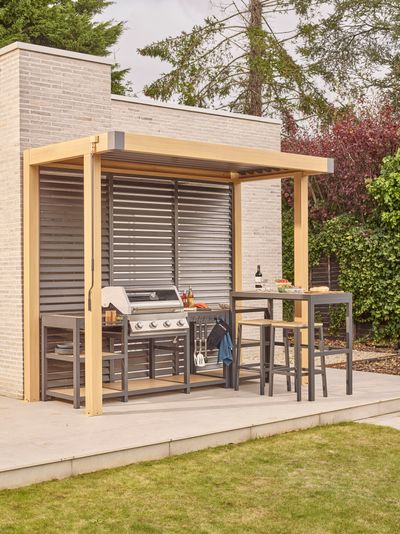 Savannah Outdoor Kitchen Bar Set with BBQ, Pergola, and Back Panel