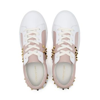 Hoxton - White and Pastel Pink Leather Trainers with Gold Studs  