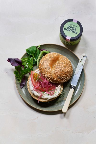 Bagel with Palace Culture Chives & Shallots Cream Cheeze, 120g, joins the award-winning range of plant based cheezes, including Kimcheeze 120g, and Mouldy Goaty 120g (Each RRP: £5.95), available from Waitrose nationwide from 15th August. 