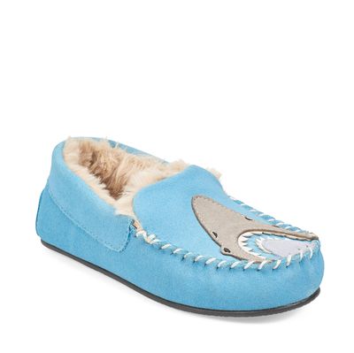 Snuggle Blue suede shark slip-on slippers