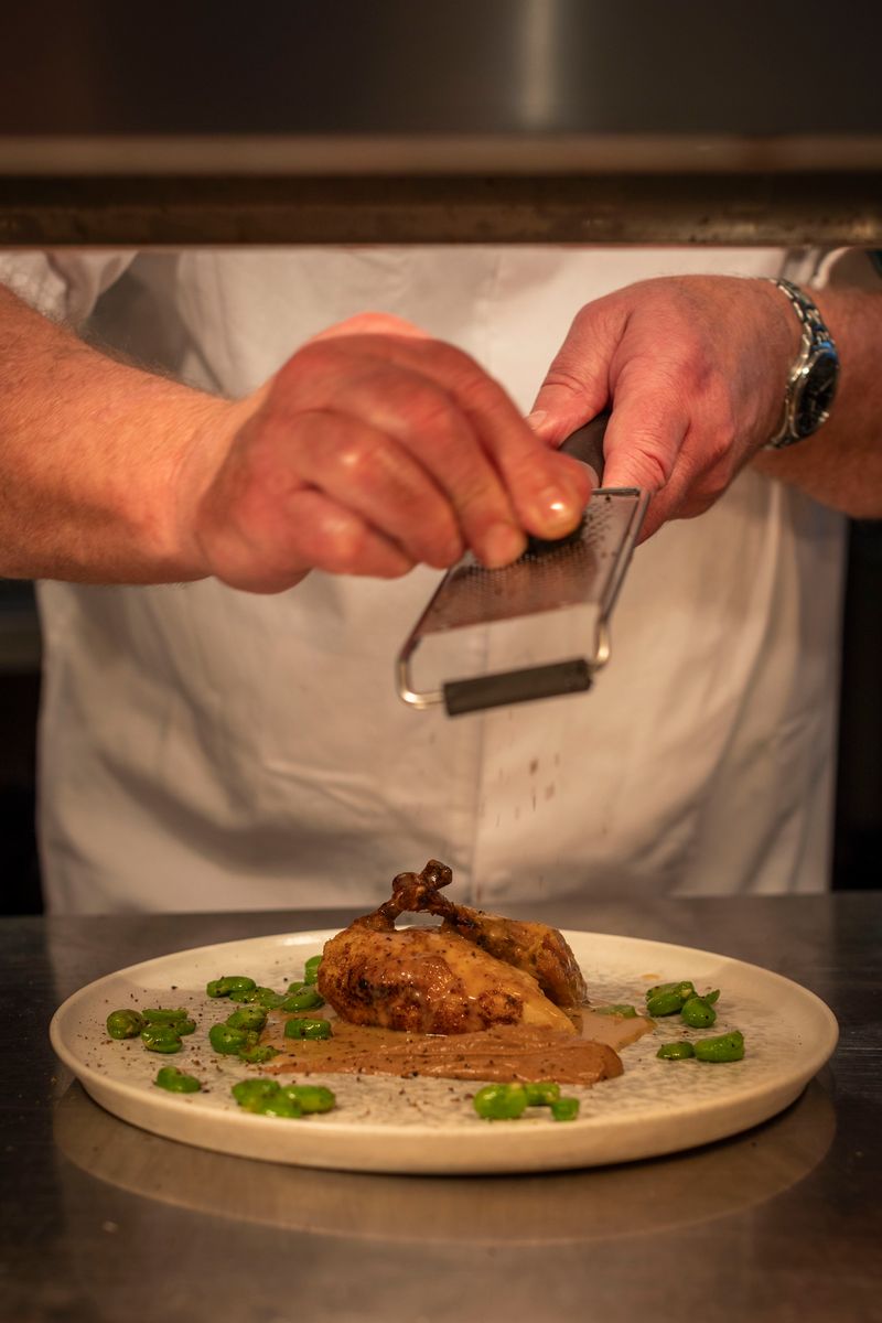 Poussin with Broad Beans and a Creamy Cepe Mushroom Sauce