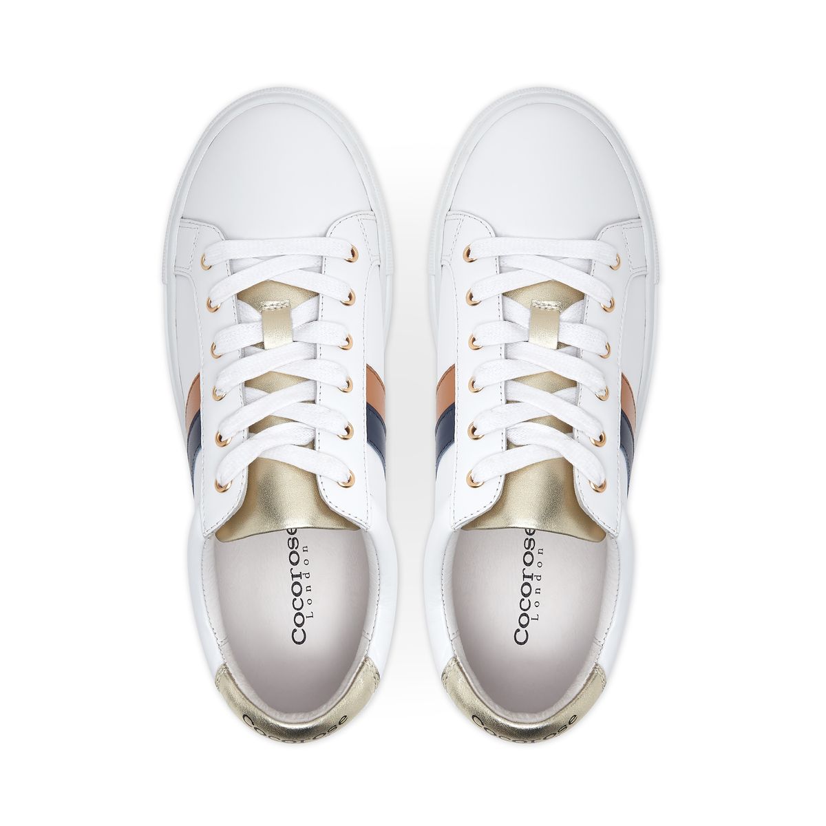 Hoxton Stripes Navy and Tan Leather Trainers from Cocorose London