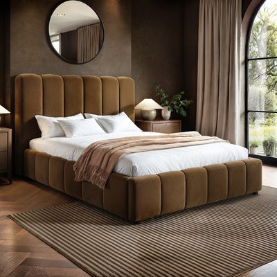 Solace+Co Emilie Ribbed Ottoman Bed Brown Velvet