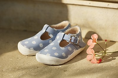'Bud' in blue daisy nubuck t-bar buckle first walking shoes
