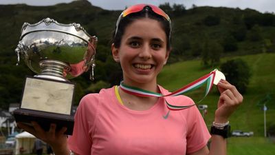 Athlete  Charlotte Rawstron with the Wakefield Rose Bowl trophy,