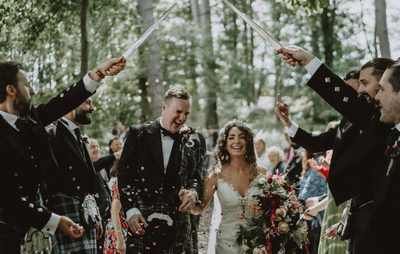 Chris and Pippa-Rosy Parkes at their woodland wedding at Langley Castle Hotel.
