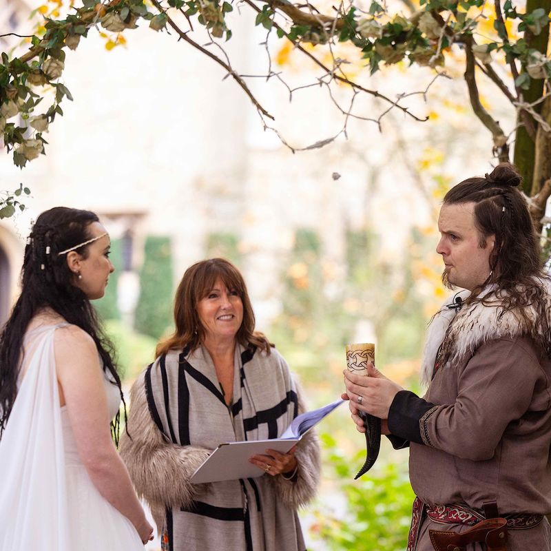Couple in Viking wedding ceremony at Langley Castle, Northumberland