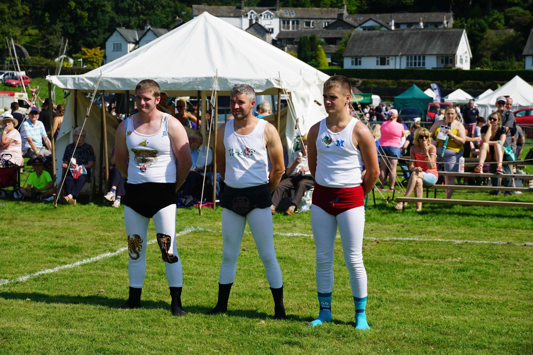 Male competitors in the Cumberland & Westmorland wrestling at Grasmere Sports and Lakeland Show