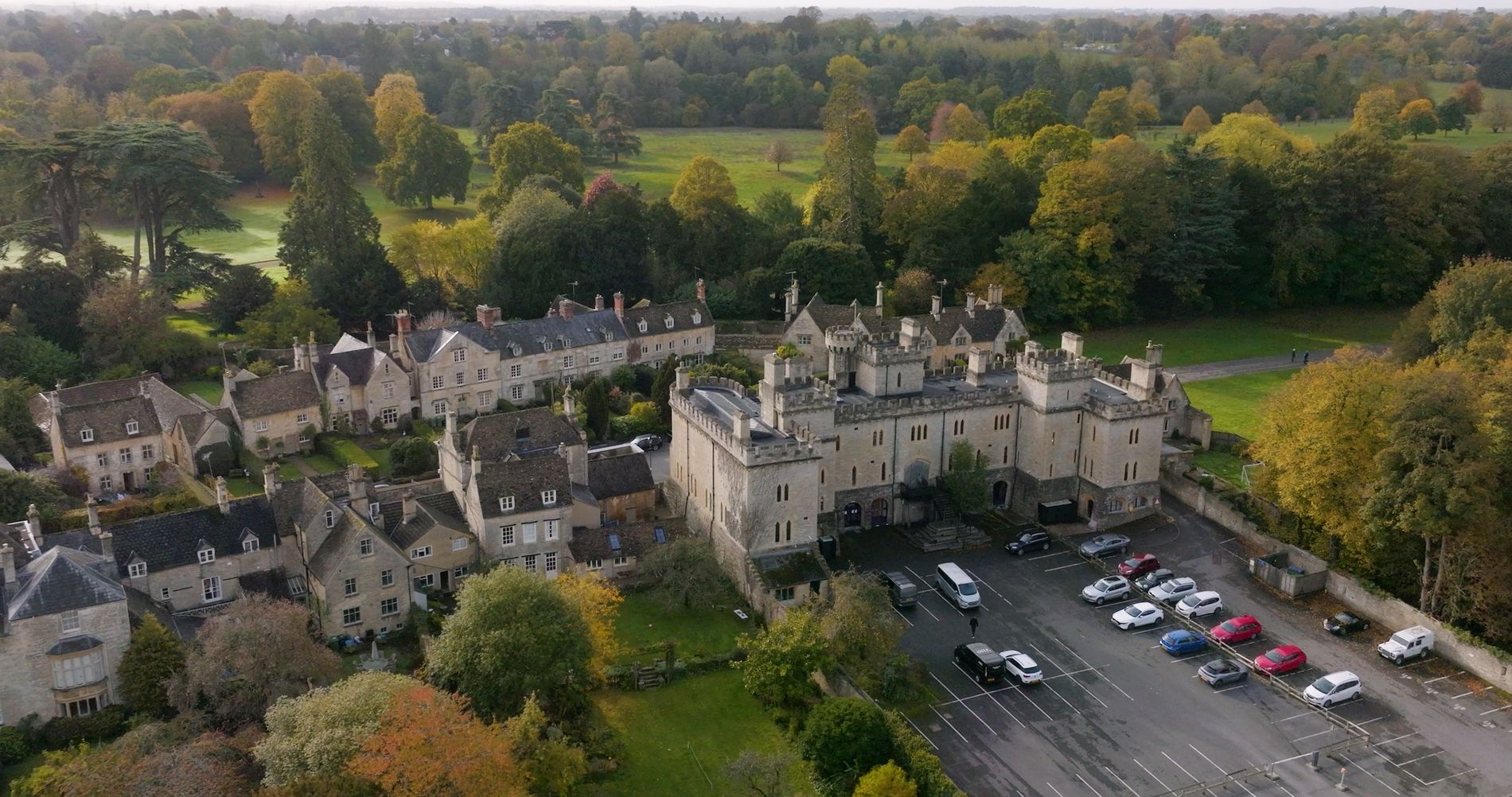 Drone shot of the iconic 11th Century Castle in the centre of Cirencester