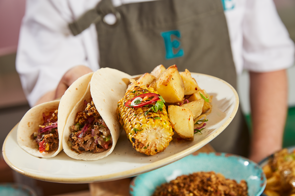 BBQ Pulled oat taco, charred corn on the cob, roasted chilli potatoes