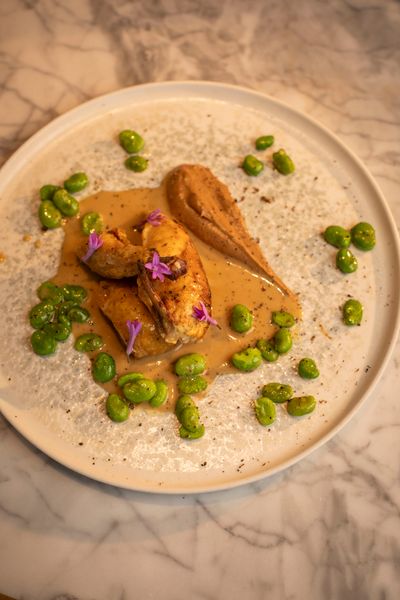 Poussin with Broad Beans and a Creamy Cepe Mushroom Sauce