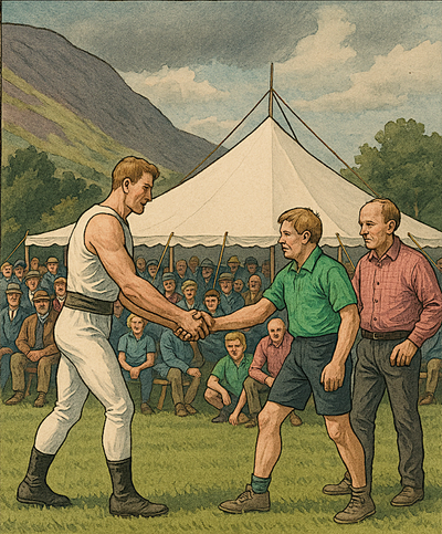 Vintage poster-style image of Cumberland and Westmorland wrestling at Grasmere Lakeland Sports and Show