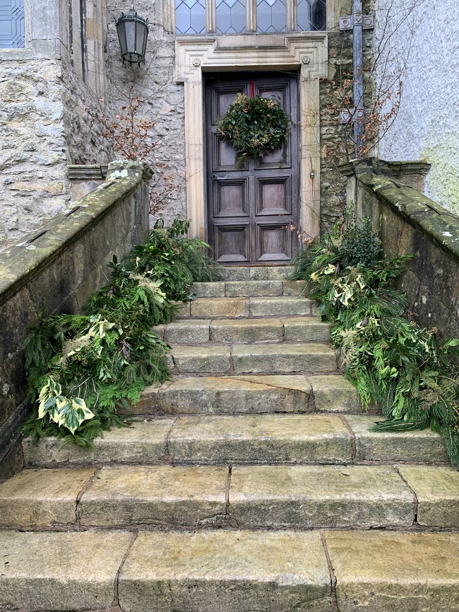 Steps leading to the entrance of Levens Hall and Gardens, near Kendal in Cumbria