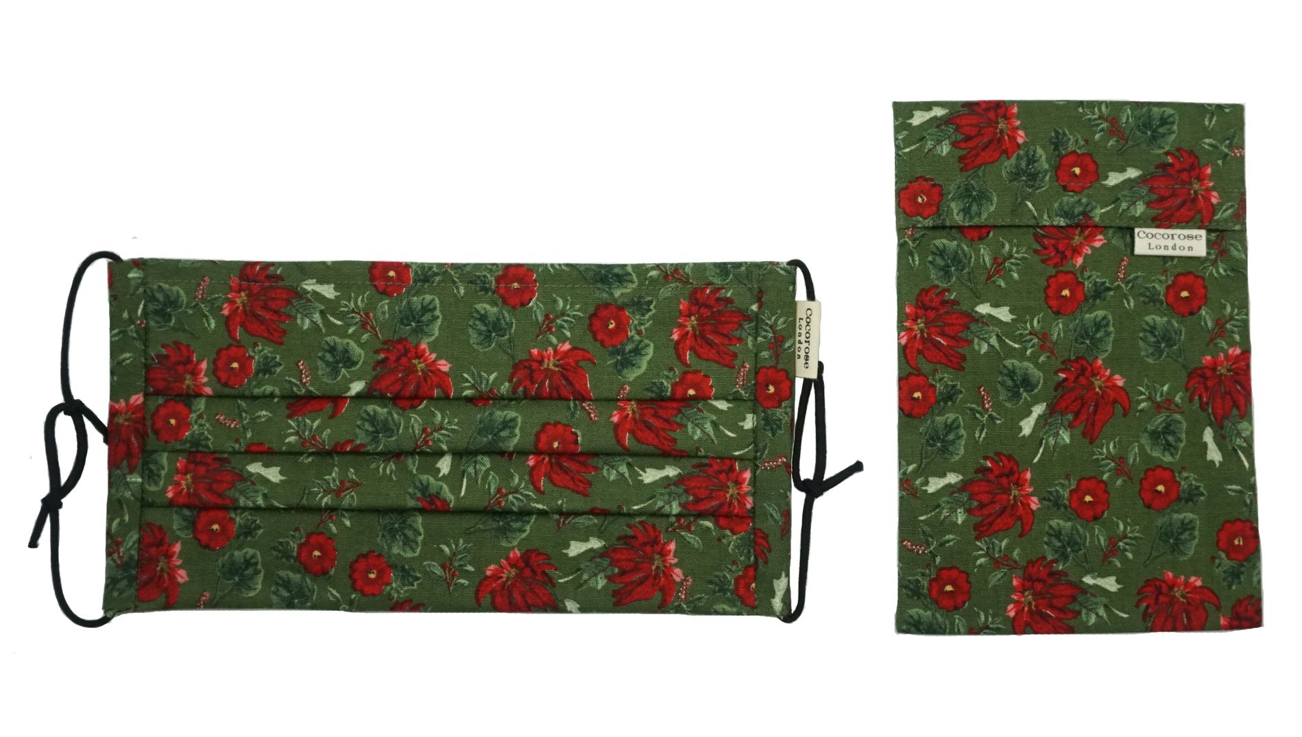 Christmas Poinsettia cotton pleated face mask and matching pouch from www.cocoroselondon.com