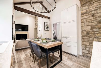 Part of the beautifully equipped kitchen and lounge  at the Toll Bar Luxury Villa at Langley Castle Hotel, Northumberland, UK,